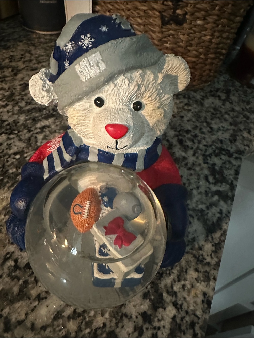 Source Unknown Blue, Red, White Bear Snow Globe Figurine